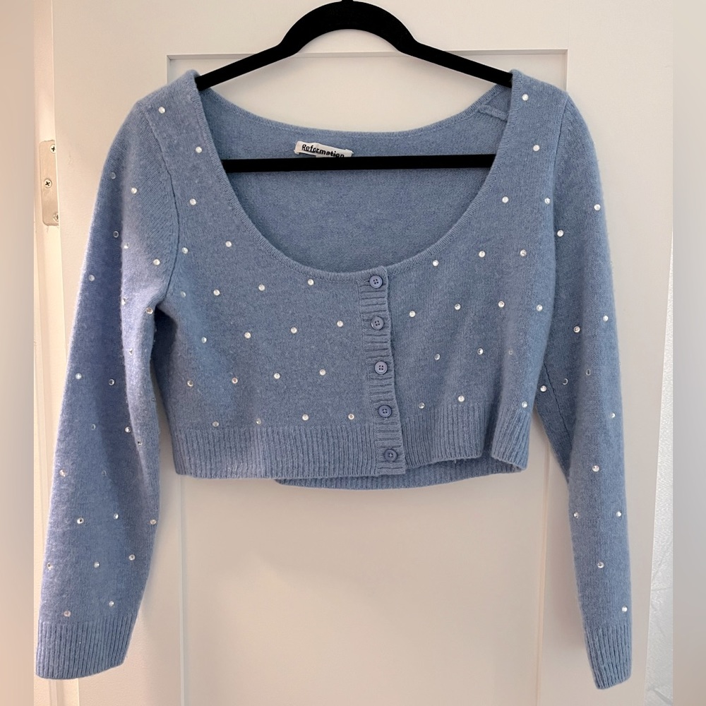 Reformation Nathalia Embellished Rhinestone Cardigan Wool Light Blue Medium.